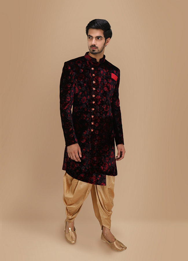 alt message - Manyavar Men Velvet Wine Shade Indo Western image number 1